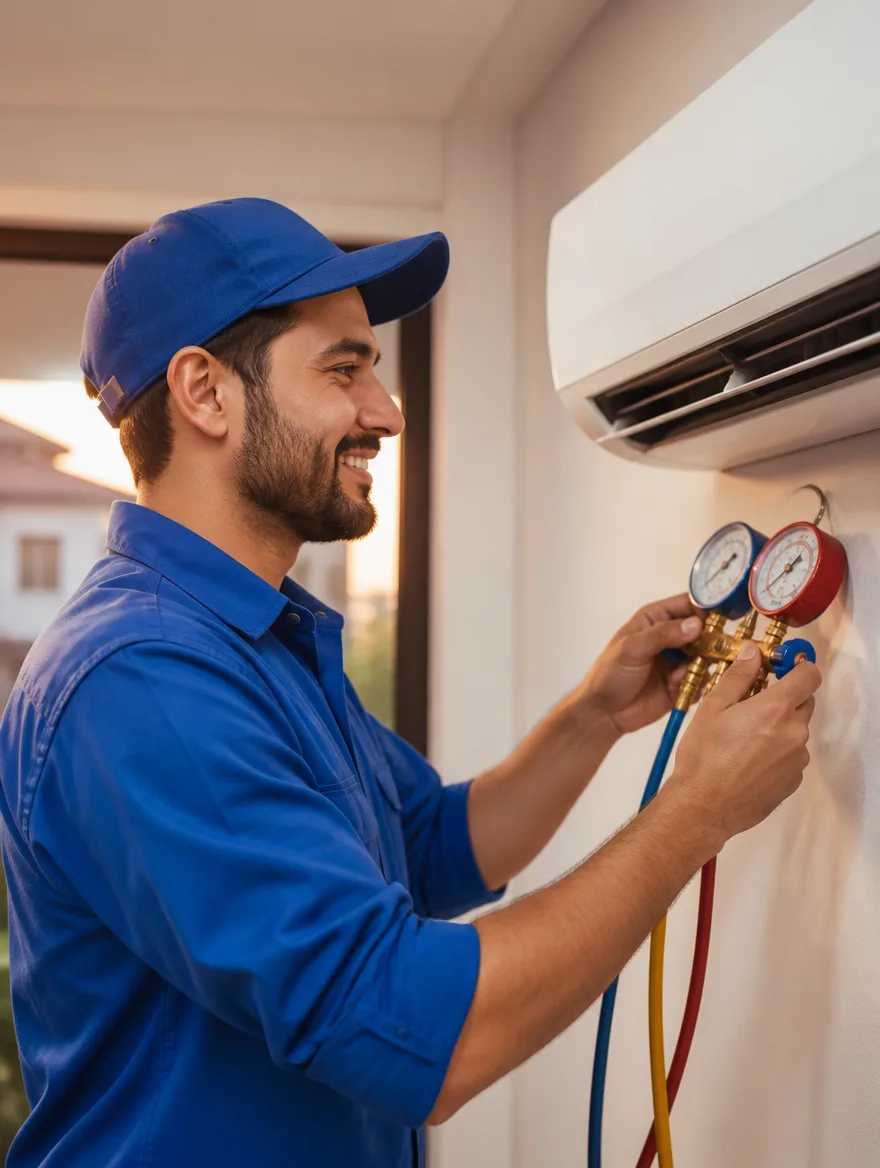 Technician checking AC refrigerant pressure