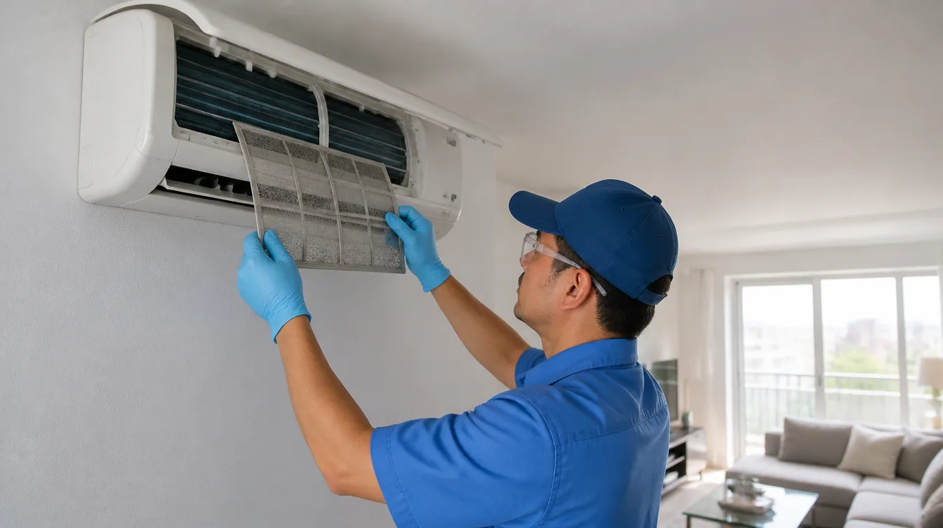 Ductless AC unit with its filter being serviced