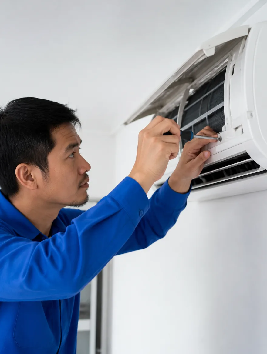 Technician repairing a wall AC unit