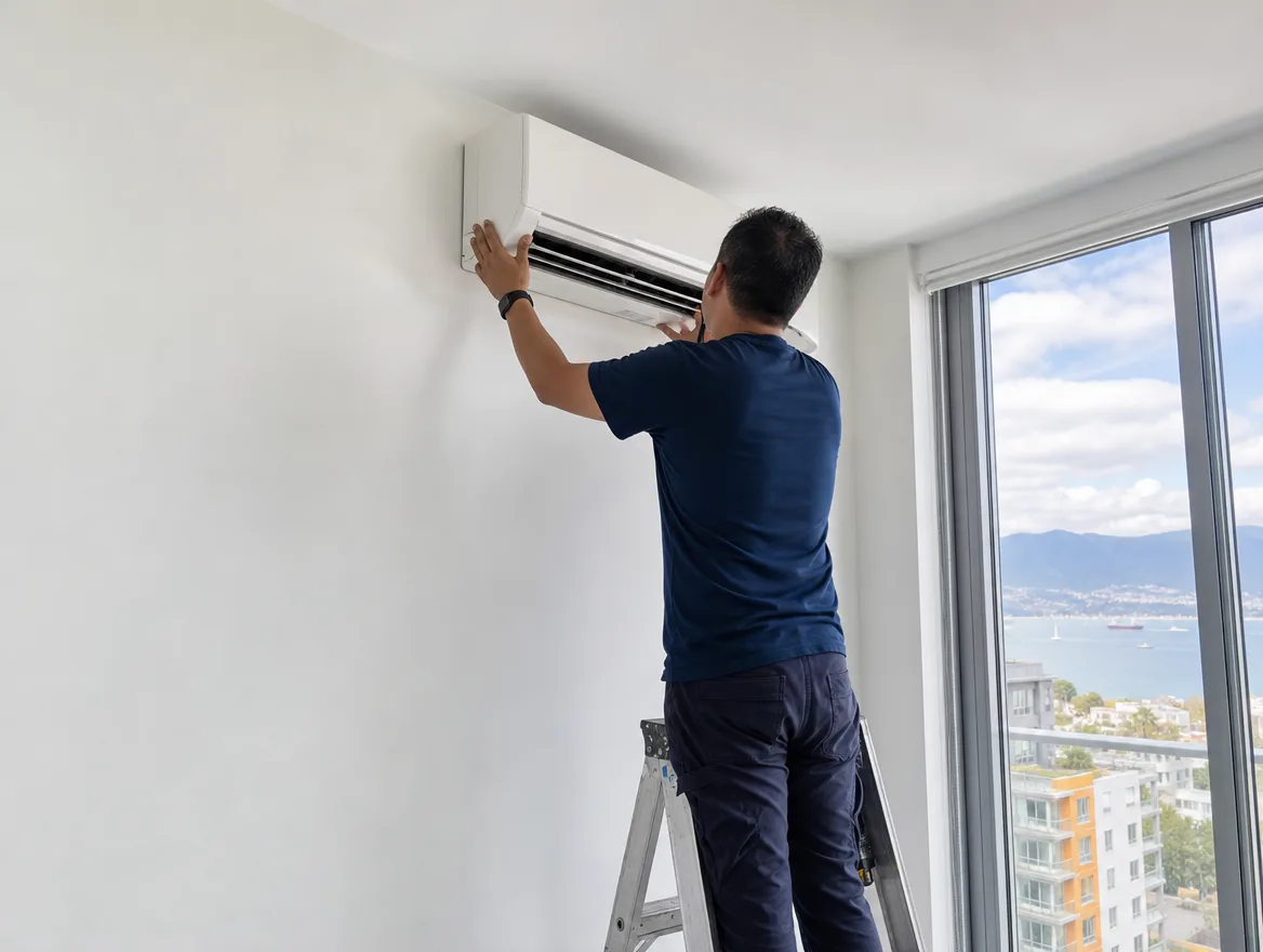 Technician installing a ductless heat pump in a Vancouver condo