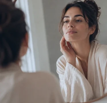 Woman looking at herself in the mirror