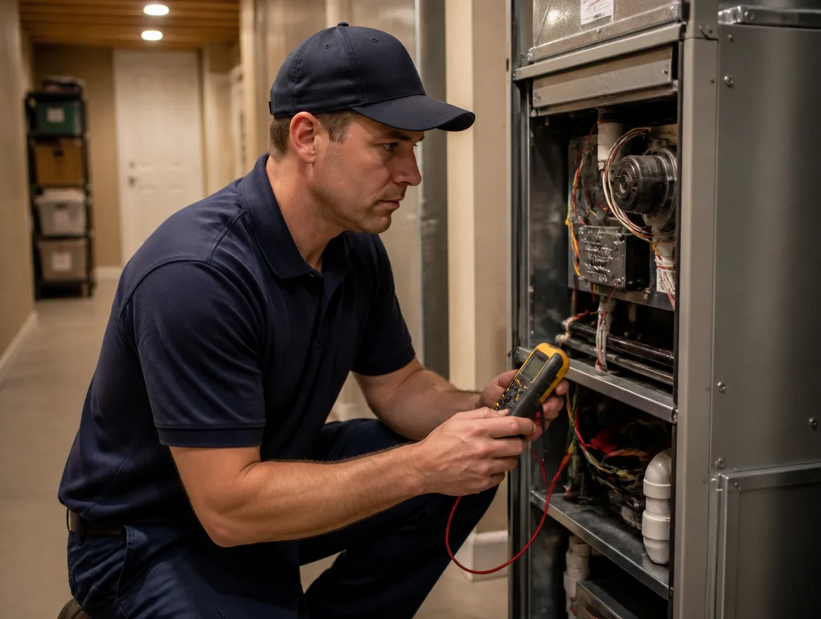 Technician inspecting a furnace