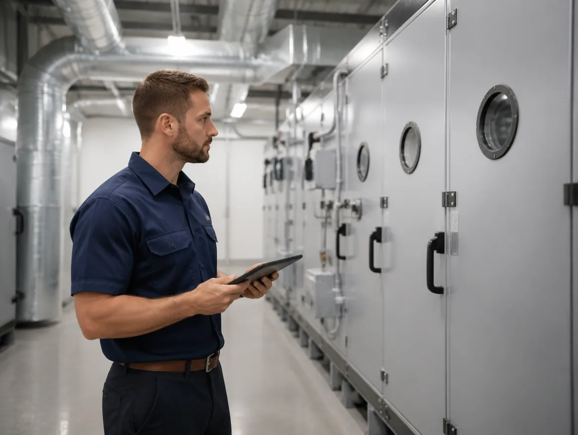 Technician inspecting a commercial air handler
