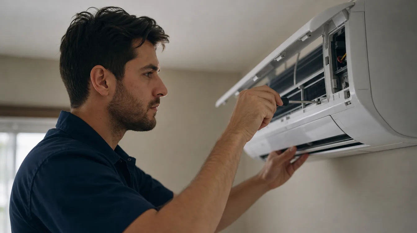 Technician servicing a wall-mounted heat pump