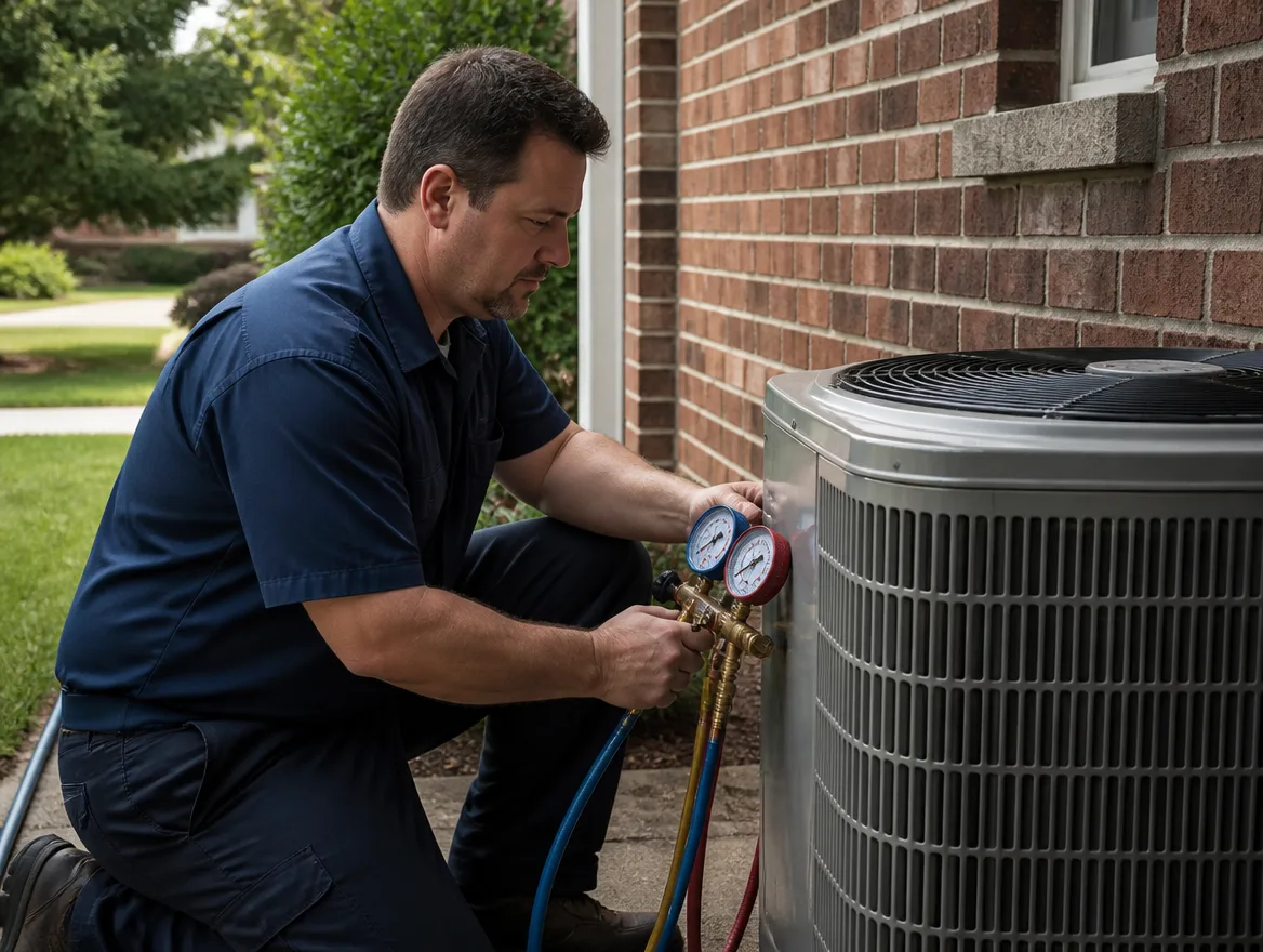 Technician checking refrigerant pressure on an outdoor unit