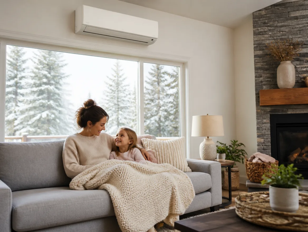 Family living room with a ductless heat pump